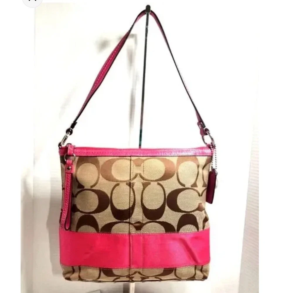 Coach Signature File Bag Pink Stripe Jacquard Crossbody F13674 Brown‎ Khaki
